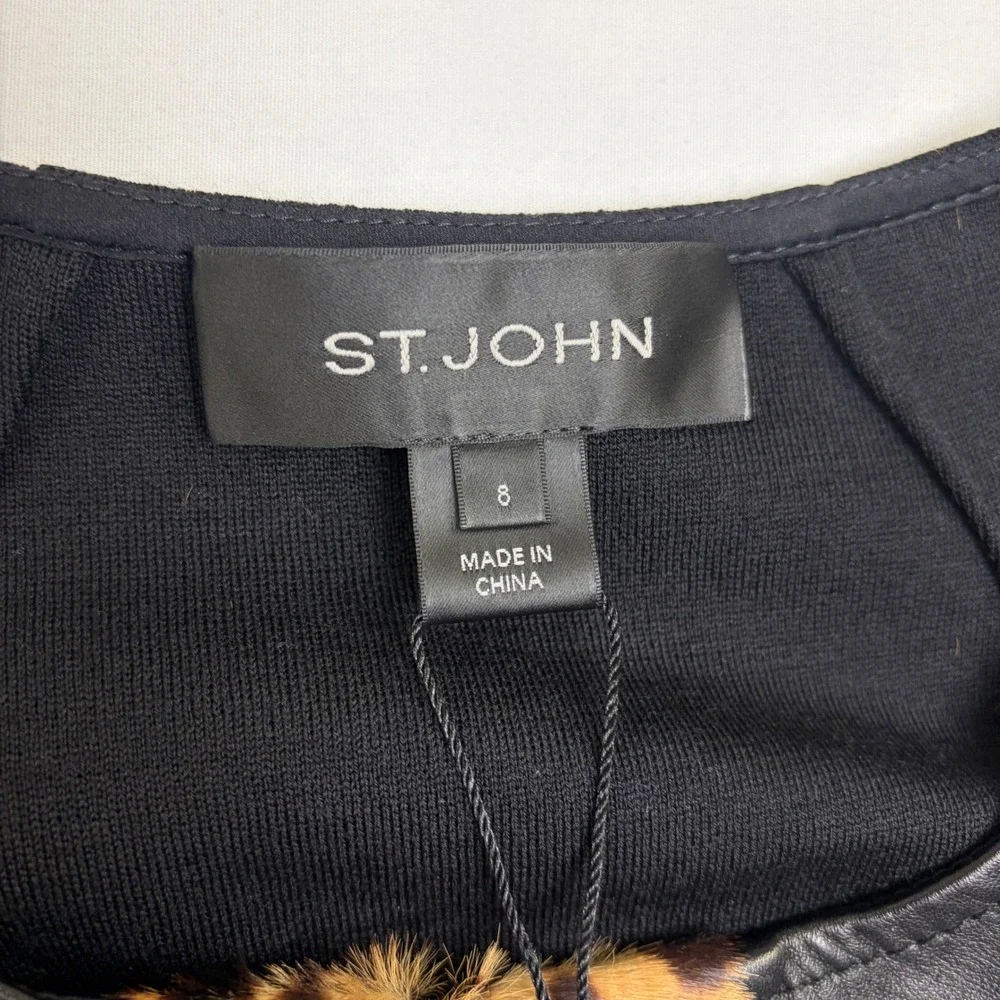 NWT St. John Collection Blazer Women 8 Black Leather Leopard Wool Silk Jacket - Picture 3 of 16
